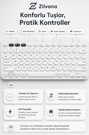 Beyaz Kablosuz Bluetooth Klavye | Tablet Telefon PC Uyumlu Sessiz Yuvarlak Tuşlu Slim Tasarım