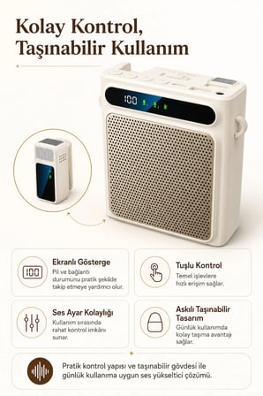 Krem Kablosuz Yaka Mikrofonlu Taşınabilir Öğretmen Rehber Amfisi Bluetooth 5.1 Şarjlı 2000mAh 5W Ses Yükseltici USB MP3 Destekli Askılı Bel Tipi Hoparlör