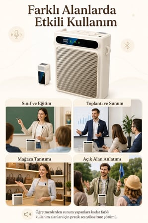 Krem Kablosuz Yaka Mikrofonlu Taşınabilir Öğretmen Rehber Amfisi Bluetooth 5.1 Şarjlı 2000mAh 5W Ses Yükseltici USB MP3 Destekli Askılı Bel Tipi Hoparlör