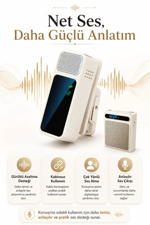 Krem Kablosuz Yaka Mikrofonlu Taşınabilir Öğretmen Rehber Amfisi Bluetooth 5.1 Şarjlı 2000mAh 5W Ses Yükseltici USB MP3 Destekli Askılı Bel Tipi Hoparlör