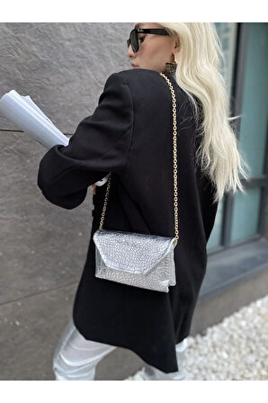 Kadın Gümüş Croco Desen Zincirli Çanta