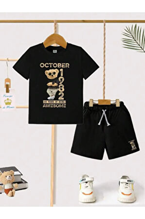 Çocuk Tasarım October 1982 Bear Baskılı T-Shirt Şort Alt Üst Takım %100 Pamuk