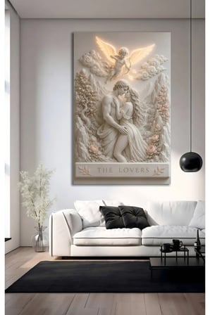 Sevgililer ve Aşk Temalı Cam Tablo | Romantik Çift ve Melek Figürlü Dekoratif Duvar Tablosu | Aşk ve Sevgi Konseptli 3D Sanat Tasarımı | Lüks Ev ve Salon Dekorasyonu | UV Baskı
