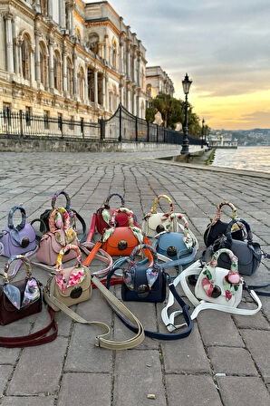 Lüks Fularlı Mini Ayna Kilit Aksesuarlı El ve Omuz Çantası