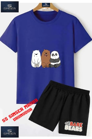 Çocuk UNISEX “PANDALAR 3LU YAN YANA“ Özel Baskılı Bisiklet Yaka Tişört - Şort Takım