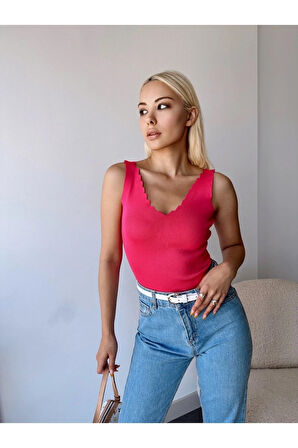Kadın Fuşya Merdiven Yaka İnce Triko Yazlık Askılı Bluz