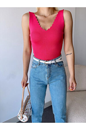 Kadın Fuşya Merdiven Yaka İnce Triko Yazlık Askılı Bluz