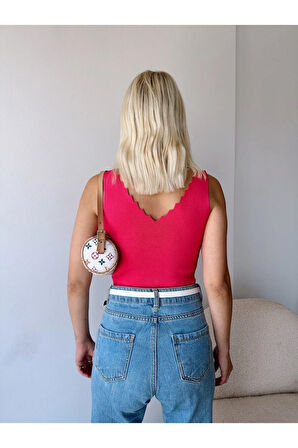 Kadın Fuşya Merdiven Yaka İnce Triko Yazlık Askılı Bluz