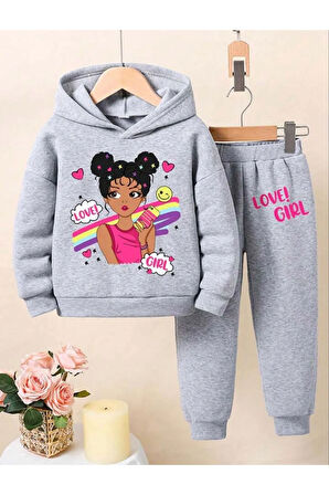 Kız Çocuk Love Gırl Baskılı Kapüşonlu Sweatshirt Eşofman Takımı