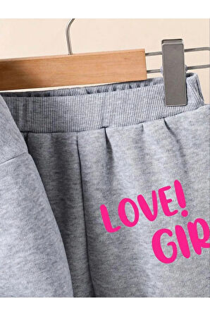 Kız Çocuk Love Gırl Baskılı Kapüşonlu Sweatshirt Eşofman Takımı