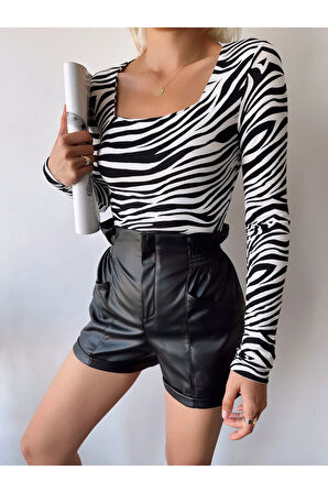Kadın Ekru Zebra Desen Kare Yaka Uzun Kol Viskon Bluz