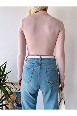 Kadın Pembe Dik Yaka Uzun Kol Viskon Bluz