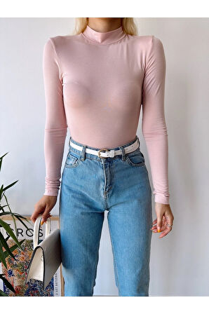 Kadın Pembe Dik Yaka Uzun Kol Viskon Bluz