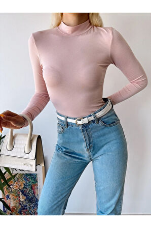 Kadın Pembe Dik Yaka Uzun Kol Viskon Bluz
