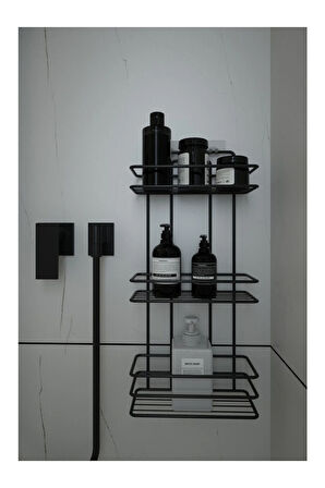 Vidalı Ömür Boyu Paslanmaz Kancalı Vidalı Banyo Şampuanlığı 3 Raflı Düz Siyah