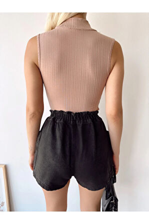 Kadın Bej Kolsuz Dik Yaka Kaşkorse Viskon Bluz