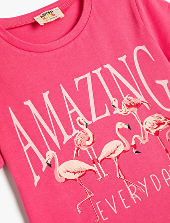 Kız Çocuk Flamingo Baskılı Kısa Kollu Bisiklet Yaka Pamuklu