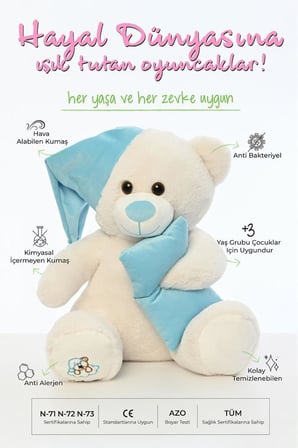 Pufu Toys Uyku Arkadaşım 60 cm Mavi Şapkalı Peluş Ayıcık