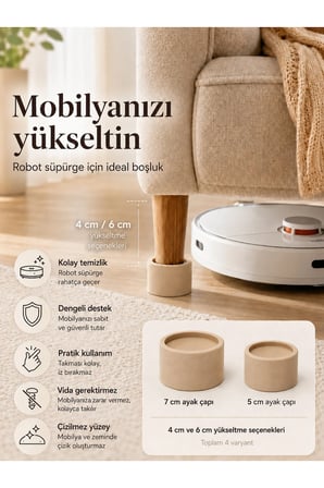 Mobilya Yükseltici Ayak Aparatı (1 ADET), Robot Süpürge İçin Koltuk Kanepe Yükseltici, 4-6 cm Yükseklik, 5-7 cm Ayak Çapı