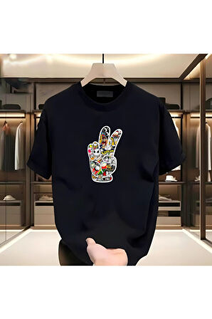Renkli El Baskılı Beyaz Tshirt