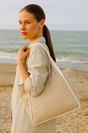 Kadın Omuz Çantası – Keten Kumaş Deri Detaylı Lüks Çanta