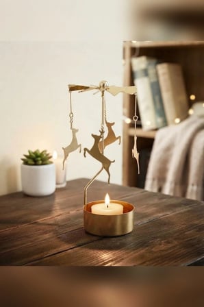 Kişiye Özel İsimli Dönen Mumluk Ren Geyiği Figürlü Altın Metal Tealight Mum Tutucu Yılbaşı 15 cm
