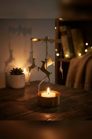Kişiye Özel İsimli Dönen Mumluk Ren Geyiği Figürlü Altın Metal Tealight Mum Tutucu Yılbaşı 15 cm