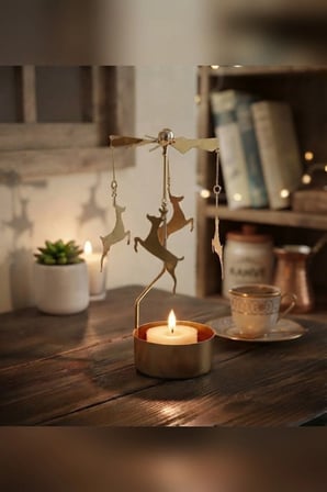 Kişiye Özel İsimli Dönen Mumluk Ren Geyiği Figürlü Altın Metal Tealight Mum Tutucu Yılbaşı 15 cm