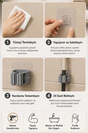 Yapışkanlı Mop Askısı Süpürge Paspas Tutucu Duvar Organizer Düzenleyici Banyo 6 cm