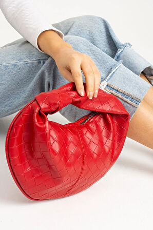 Kadin  Mini Baget Dügüm Detaylı Fermuarlı El Çanta Örgü Desenli