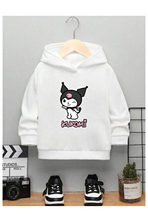 Çocuk Tasarım Kuromi Kalp Baskılı Kapüşonlu Sweatshirt Pamuklu