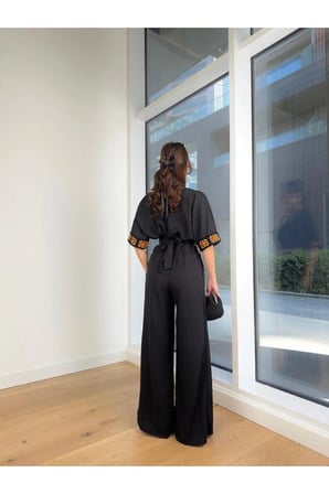 Kadın Ekru Etnik Desenli Keten V Yaka Crop Bluz Pantolon Takım Tl-100045632