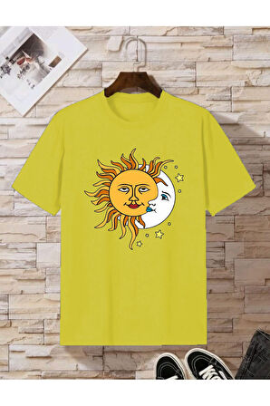 Kadın Siyah Güneş Ay Baskılı Oversize Penye T-shirt Tişört