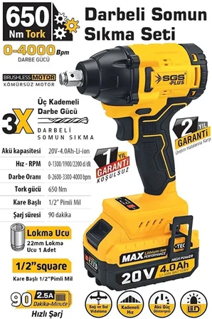 SGS 5503 Tork Akülü Şarjlı Darbeli Somun Sıkma Sökme Makine Seti 650 Nm Tek Akülü 20 Volt 4.0 Ah