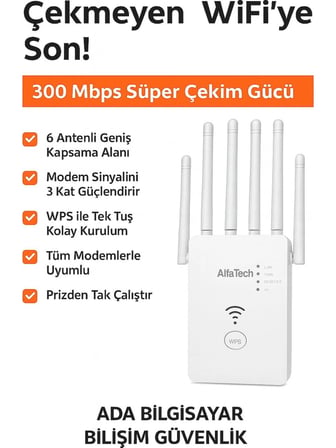 Alfa Tech AT-ROU300 300 Mbps 6 Antenli WiFi Menzil Arttırıcı Sinyal Güçlendirici Repeater