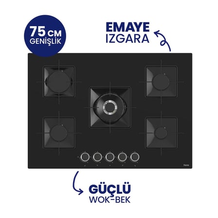 Ferre SS035 Siyah Cam Ankastre Ocak 75 CM