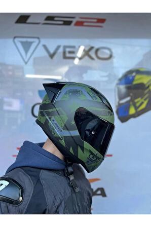 Rapıd 2 Thunder Bırds Mat Yeşil-siyah-gri Kask - Siyah Vizör - Spoiler