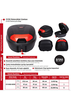 Arwic Motosiklet Arka Çanta Topcase 32 Lt Siyah