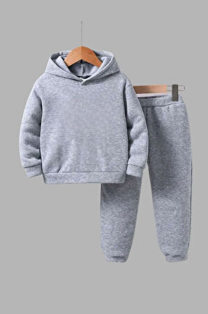 Unisex Çocuk Gri Kapüşonlu Sweatshirt ve Eşofman Altı Takımı Düz Baskısız