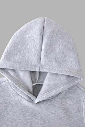 Unisex Çocuk Gri Kapüşonlu Sweatshirt ve Eşofman Altı Takımı Düz Baskısız