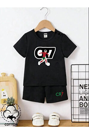 Unisex Çocuk Tasarım Cr7 Ronaldo Baskılı %100 Pamuk T-Shirt Şort Alt Üst Takım