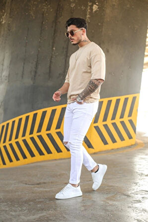 Minimal Kalp Baskılı Acık Kahverengi Oversize Tshirt