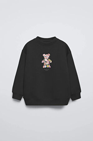 Füme Çocuk Çiçekli Ayıcık Baskılı Bisiklet Yaka Oversize Sweatshirt