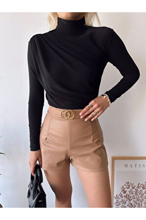 Kadın Siyah Dik Yaka Sandy Kumaş Büzgü Detaylı Bluz