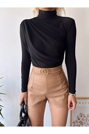 Kadın Siyah Dik Yaka Sandy Kumaş Büzgü Detaylı Bluz