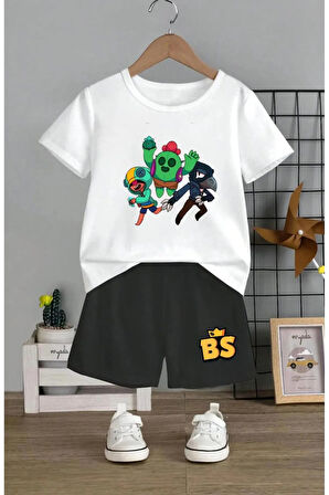 Çocuk Tasarım Brawl Stars Kaktüs Karga Baskılı T-Shirt Şort Alt Üst Takım %100 Pamuk