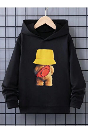 Kız\Erkek Çocuk Siyah Şapkalı Ayıcık Baskılı Kapşonlu Sweatshirt