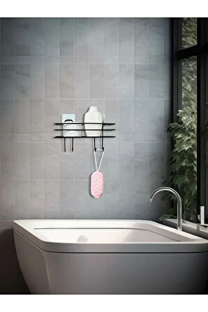 Yapışkanlı 4 Kancalı Banyo Rafı Siyah Banyo Lif Şampuanlık Duşakabin Askısı