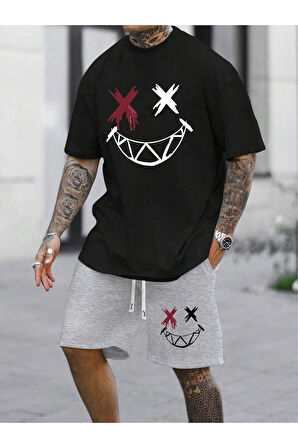 Siyah Erkek 2li Oversize Dragon Baskılı Pamuklu  Beast Mode Tişört ve Şort Takımı