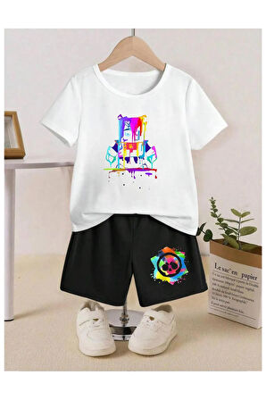 Çocuk Tasarım Brawl Stars Boyacı Renkli Baskılı T-Shirt Şort Alt Üst Takım %100 Pamuk